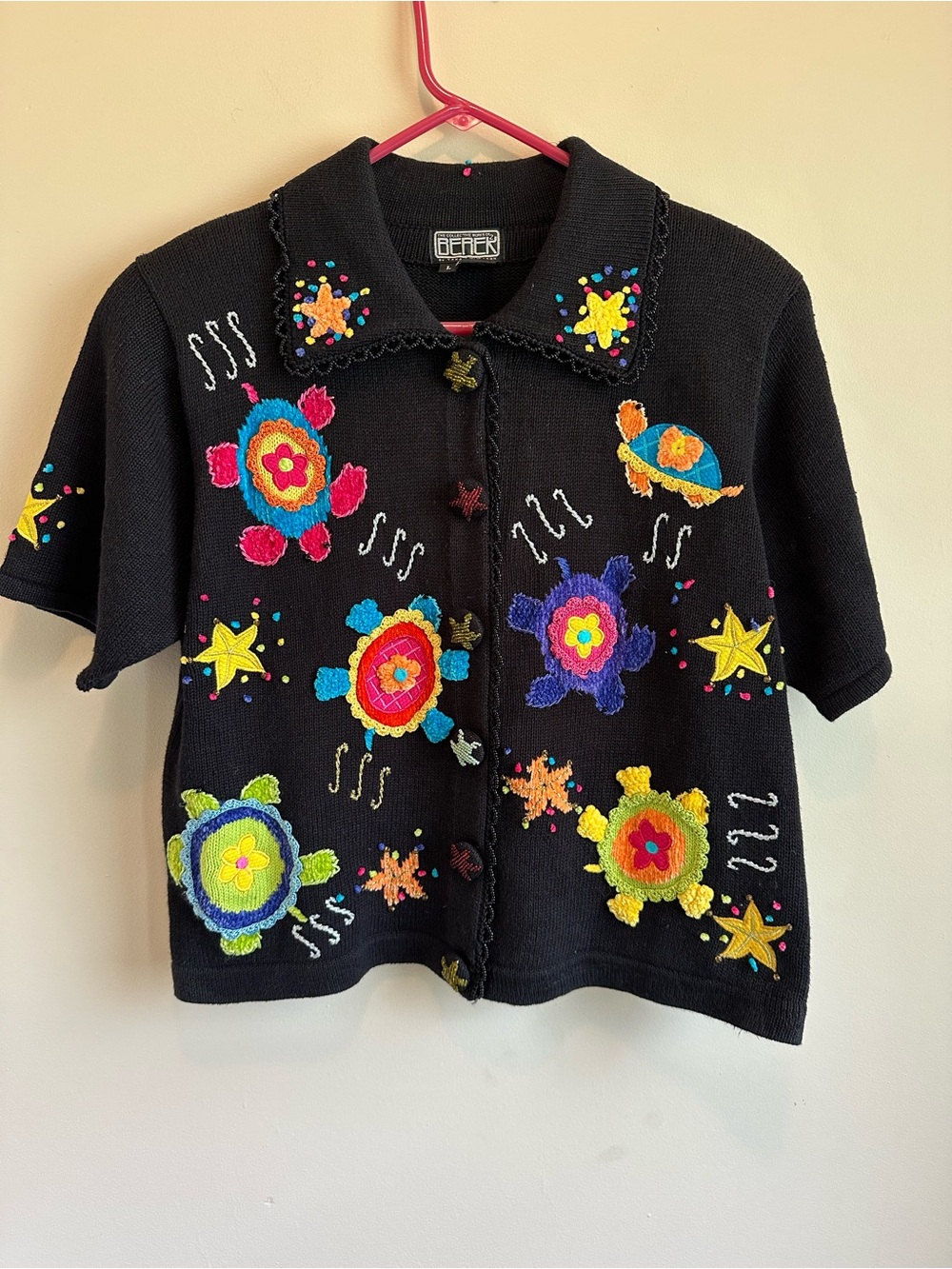 Berek Women’s L Cardigan Sweater Black Sea Turtle Starfish Crochet Beaded